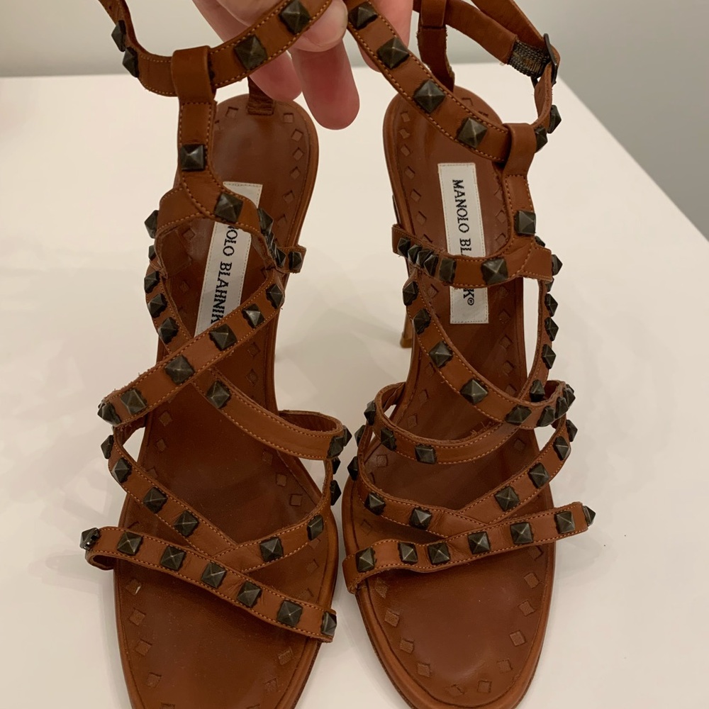 Manolo Blahnik Tan Studded Sandals